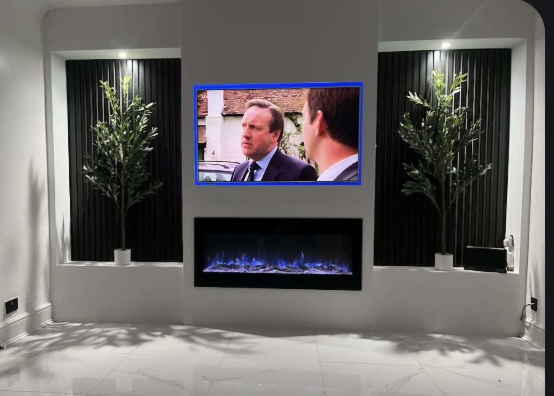 Midnight Slats custom media wall installation